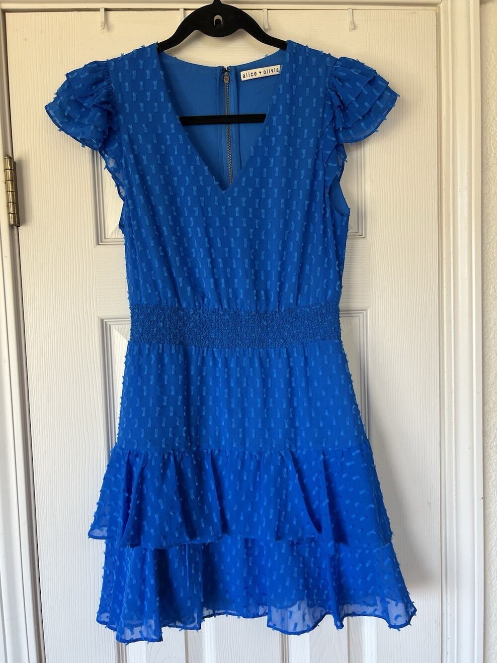 New Alice + Olivia Markita Cobalt Blue Swiss Dot Ruffle Tiered Mini Dress 0 XS